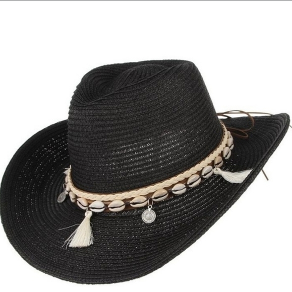 None Other - Unisex Straw Weave Western Beach Sun Hat Cowrie Cowry Shells Tassels Black Boho